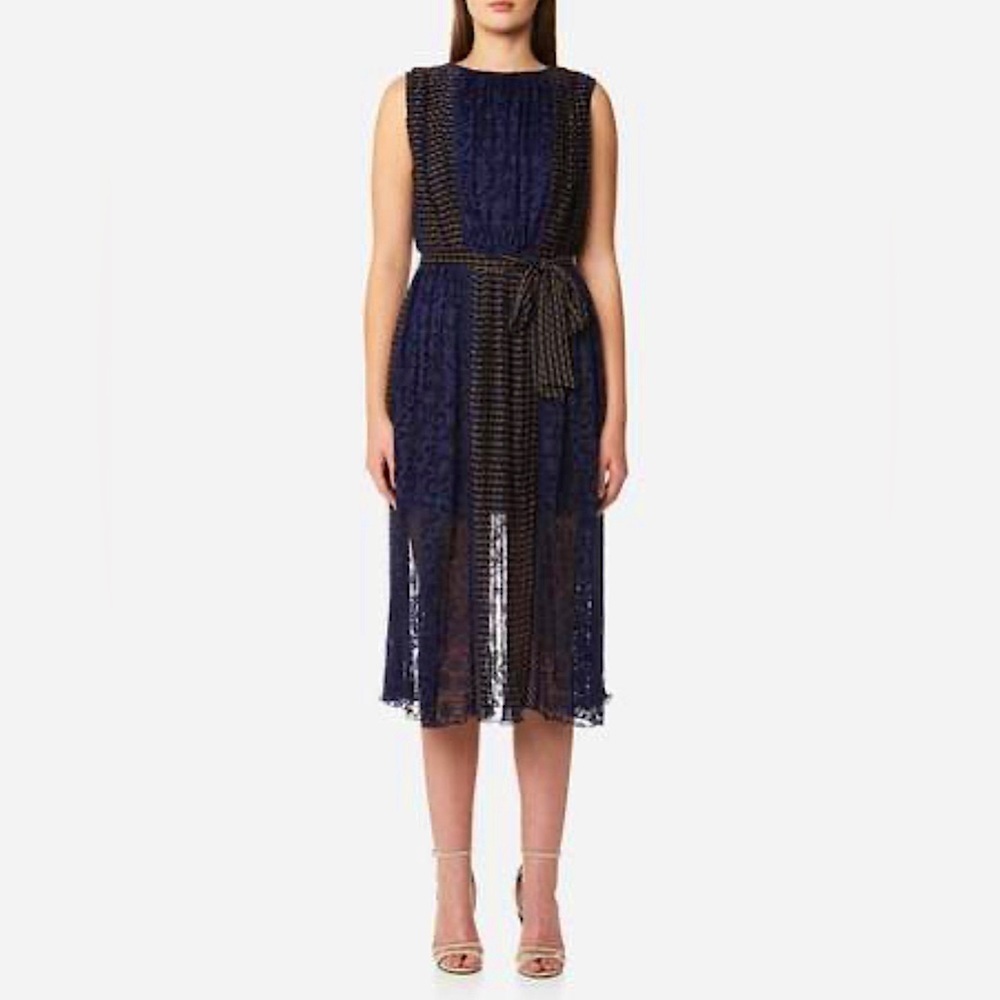 Foxiedox Anthropologie Midi Navy Blue  Lace& Pleated
Dress Medium